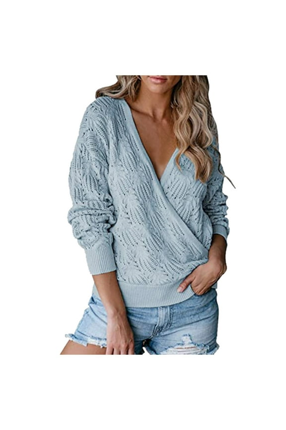 Womens Knitted Deep V Neck Wrap Sweaters Long Sleeve Crochet Knit Wrap Front Loose Pullover Sweater Tops