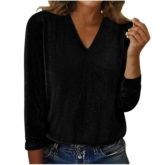 Womens Knitted Fall Clothes, Long Sleeve Pullover for Women Spring Casual Loose Fit Solid Color V Neck Sweaters