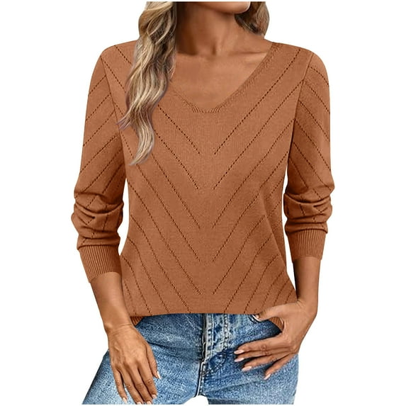 Womens Knitted Fall Sweater, Long Sleeve Pullover for Women Fashion Loose Fit Solid Color Hollow V Neck Sweaters