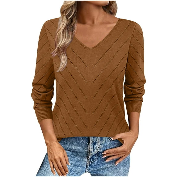 Womens Knitted Fall Sweater, Long Sleeve Pullover for Women Fashion Loose Fit Solid Color Hollow V Neck Sweaters