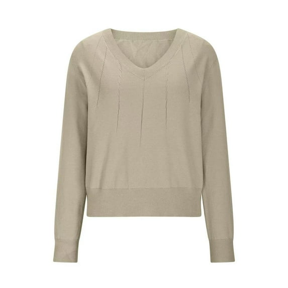 Womens Knitted Fall Sweater, Long Sleeve Pullover for Women Fashion Loose Fit Solid Color Pleated V Neck Sweaters