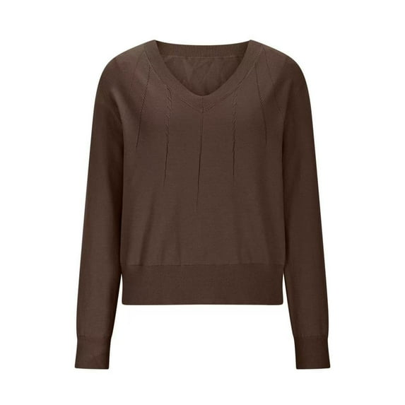 Womens Knitted Fall Sweater, Long Sleeve Pullover for Women Fashion Loose Fit Solid Color Pleated V Neck Sweaters