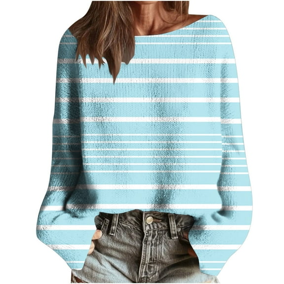 Womens Knitted Fall Sweater, Long Sleeve Pullover for Women Fashion Loose Fit Striped Printed Crewneck Sweatshirts