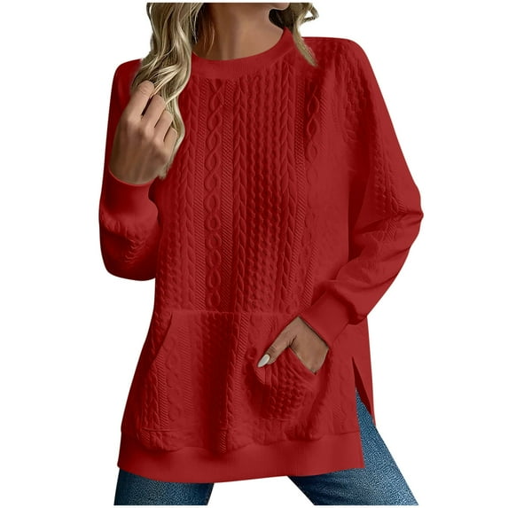 Womens Knitted Fall Sweaters, Long Sleeve Pullover for Women Fashion Loose Fit Solid Color Side Slit Crewneck Sweatshirts
