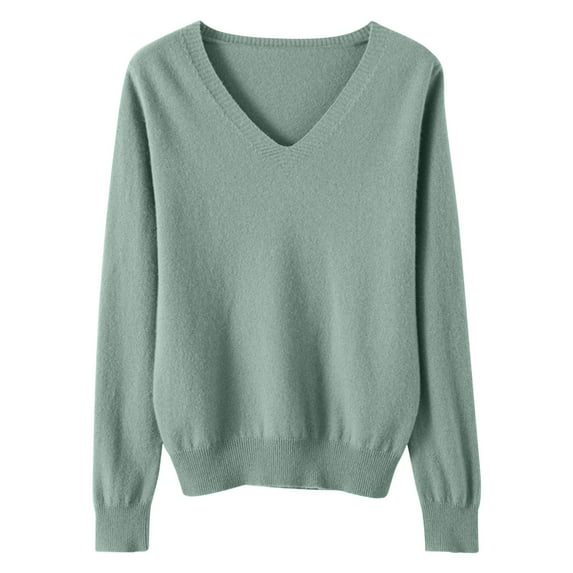 Womens Knitted Fall Sweaters, Long Sleeve Pullover for Women Fashion Loose Fit Solid Color V Neck Sweater S-2XL