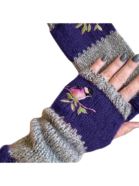 Womens Knitted Fingerless Gloves, Autumn Winter Bird Embroidered Warm Gloves