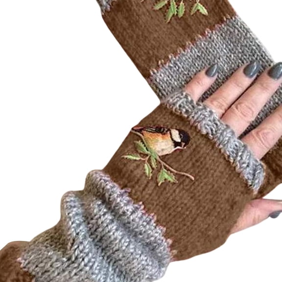Womens Knitted Fingerless Gloves, Autumn Winter Bird Embroidered Warm Gloves