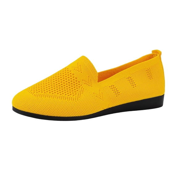 Womens Knitted Flat Shoes Lightweight Comfortable Loafers Slip On Casual Breathable Mesh Walking Shoes Round Toe Yellow 38