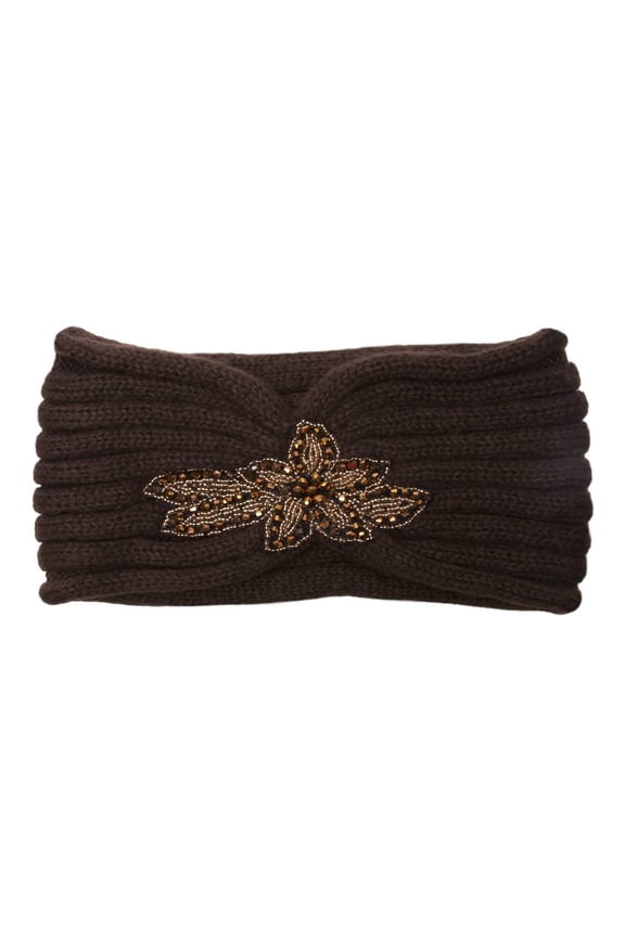 Womens Knitted Headband w/ Floral Piece - Brown