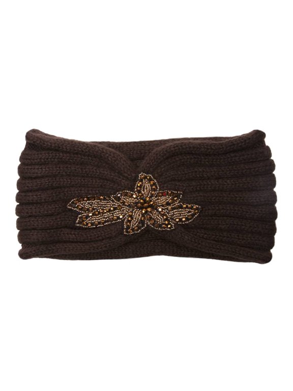 Womens Knitted Headband w/ Floral Piece - Brown