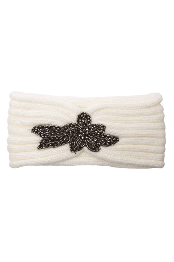 Womens Knitted Headband w/ Floral Piece - Ivory