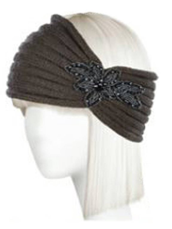 Womens Knitted Headband w/ Floral Piece - Melange Grey