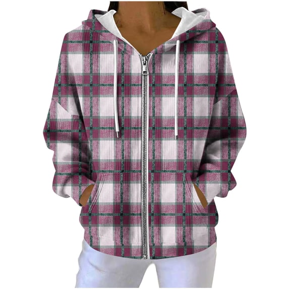 Womens Knitted Hooded Sweatshirts, Zip Up Hoodies for Women Fall Fashion Plaid Printed Drawstring Full Zip Long Sleeve Pullover with Pockets