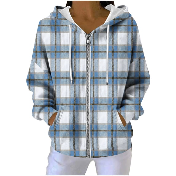 Womens Knitted Hooded Sweatshirts, Zip Up Hoodies for Women Fall Fashion Plaid Printed Drawstring Full Zip Long Sleeve Pullover with Pockets
