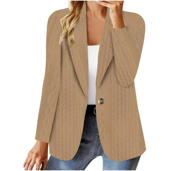 Womens Knitted Jacquard Suit Jackets Fashion Notch Collar Long Sleeve Casual Work Office Casual Sports Blazer Tops Khaki Medium
