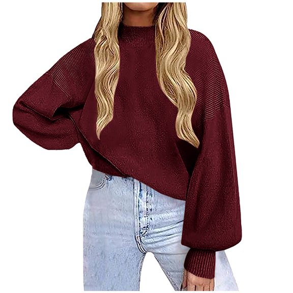 Womens Knitted Mock Neck Sweater Lantern Long Sleeve Plain Pullover Tops for Fall Winter Casual Clothes Loose Fit (Large, Wine)
