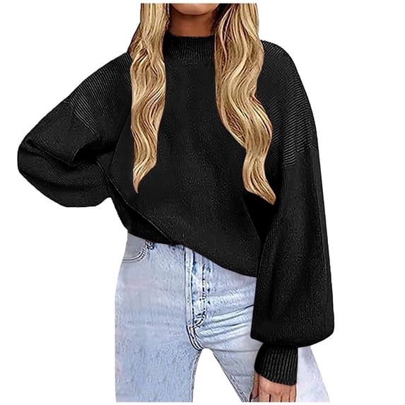 Womens Knitted Mock Neck Sweater Lantern Long Sleeve Plain Pullover Tops for Fall Winter Casual Clothes Loose Fit (Small, Black)