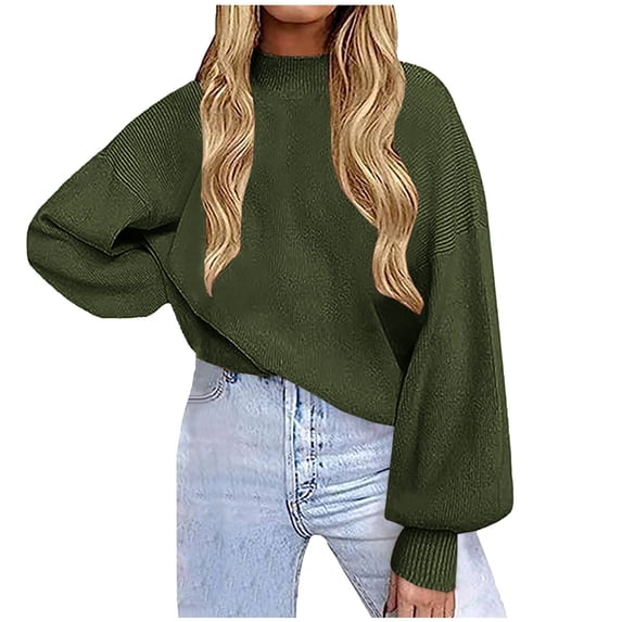 Womens Knitted Mock Neck Sweater Lantern Long Sleeve Plain Pullover Tops for Fall Winter Casual Clothes Loose Fit (X-Large, Army Green)