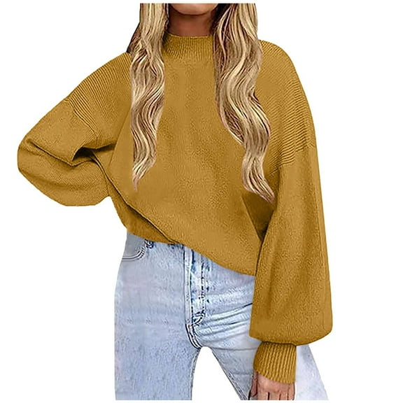 Womens Knitted Mock Neck Sweater Lantern Long Sleeve Plain Pullover Tops for Fall Winter Casual Clothes Loose Fit (X-Large, Yellow)