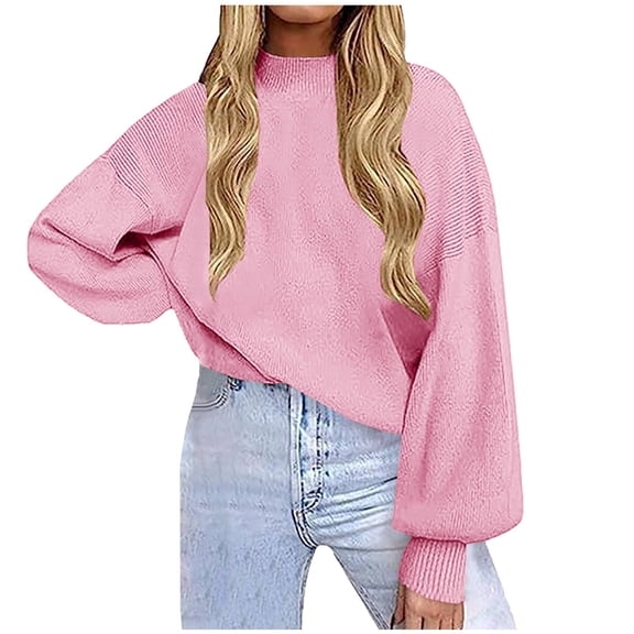 Womens Knitted Mock Neck Sweater Lantern Long Sleeve Plain Pullover Tops for Fall Winter Casual Clothes Loose Fit (XX-Large, Pink)