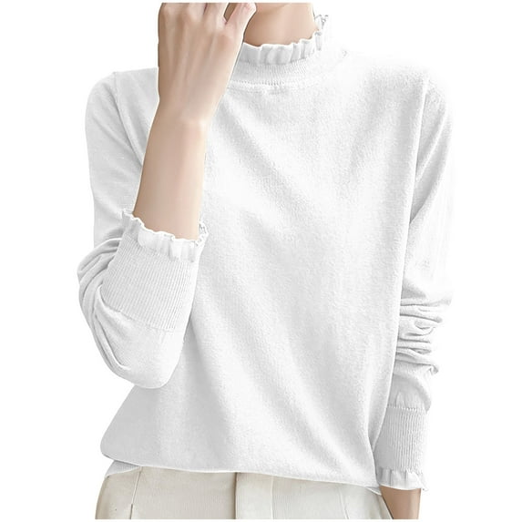 Womens Knitted Mock Neck Sweaters, Fall Sweaters for Women Fashion Lightweight Ruffle Solid Color Basic Long Sleeve Pullover S-2XL