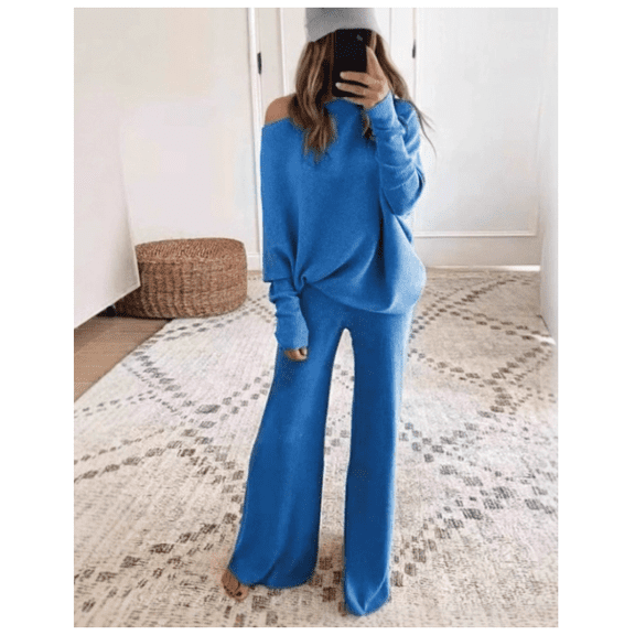Womens Knitted Outfits 2 Pieces Sweatsuit Off the Shoulder Sweater Wide Leg Pant Set