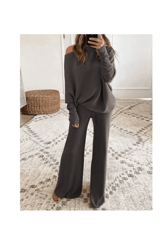 Womens Knitted Outfits 2 Pieces Sweatsuit Off the Shoulder Sweater Wide Leg Pant Set