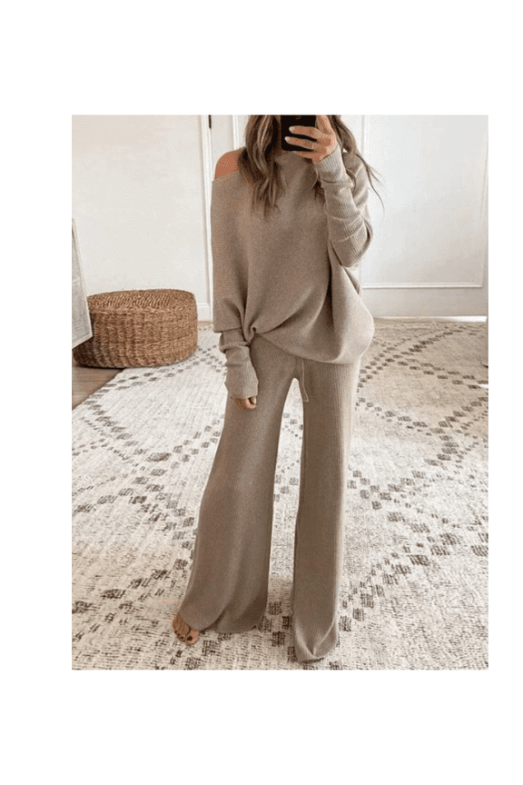 Womens Knitted Outfits 2 Pieces Sweatsuit Off the Shoulder Sweater Wide Leg Pant Set