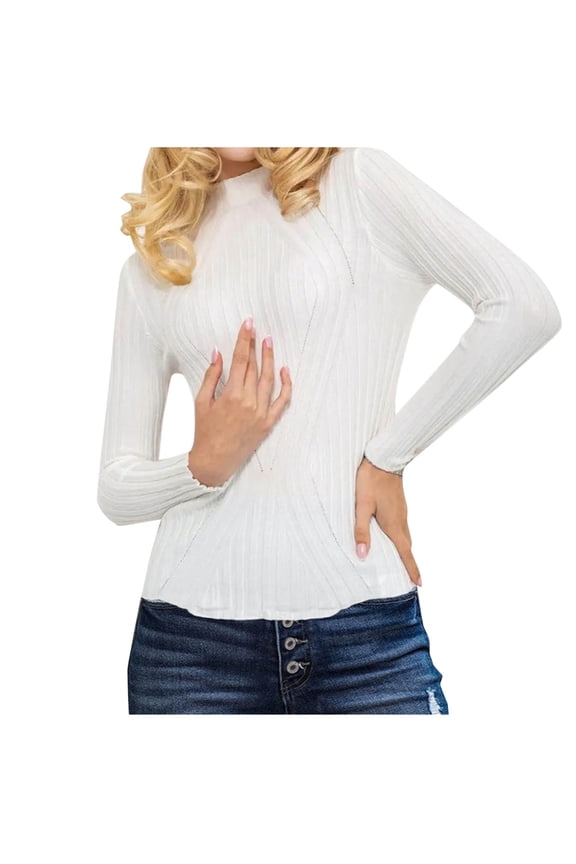 Womens Knitted Ribbed Basic Tops, Fall Sweaters for Women Fashion Slimming Fit Warmth Crewneck Long Sleeve Pullover