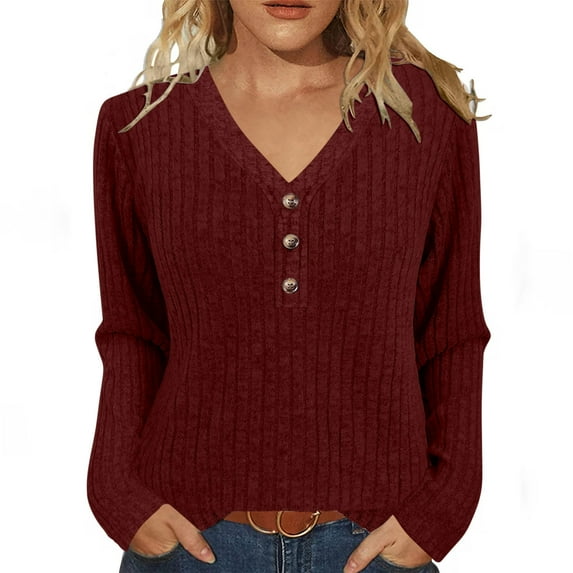 Womens Knitted Ribbed Fall Clothes, Long Sleeve Pullover for Women Fashion Loose Fit Solid Color Button Up V Neck Sweaters