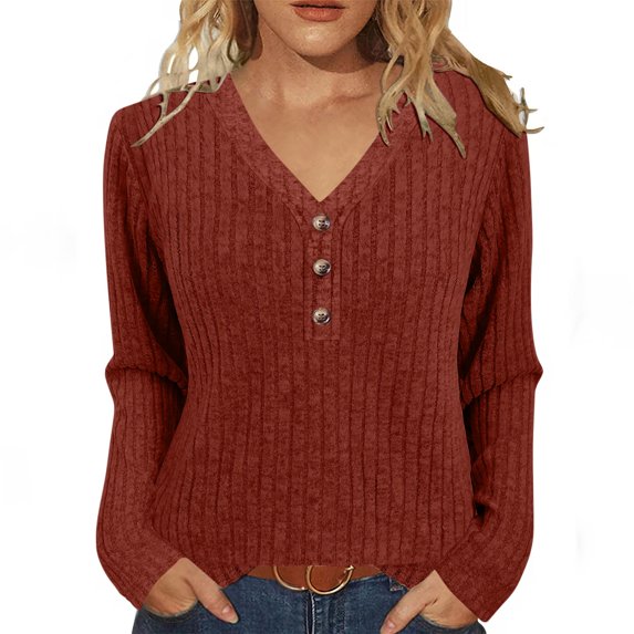 Womens Knitted Ribbed Fall Clothes, Long Sleeve Pullover for Women Fashion Loose Fit Solid Color Button Up V Neck Sweaters