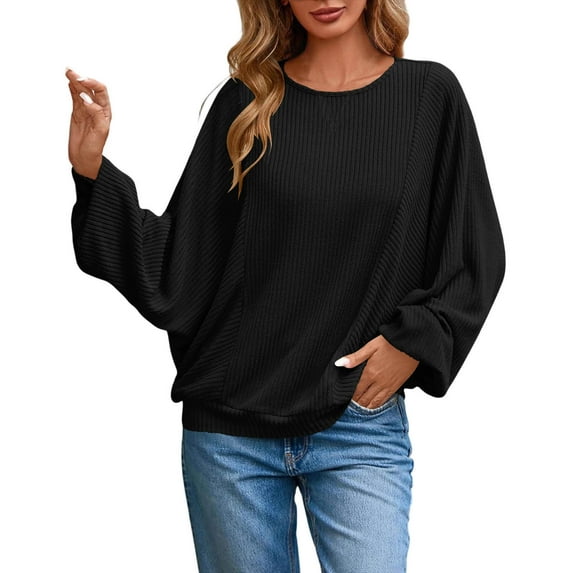 Womens Knitted Ribbed Fall Clothes, Long Sleeve Pullover for Women Fashion Loose Fit Solid Color Crewneck Sweatshirts