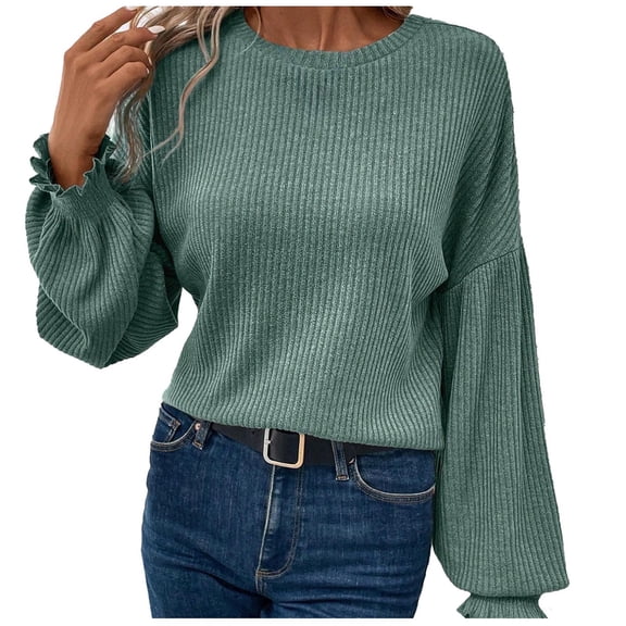 Womens Knitted Ribbed Fall Clothes, Long Sleeve Pullover for Women Fashion Loose Fit Solid Color Ruffle Crewneck Sweaters