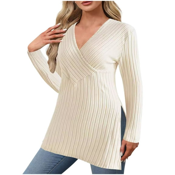Womens Knitted Ribbed Fall Clothes, Long Sleeve Pullover for Women Plus Size Casual Solid Color Side Slit V Neck Sweaters