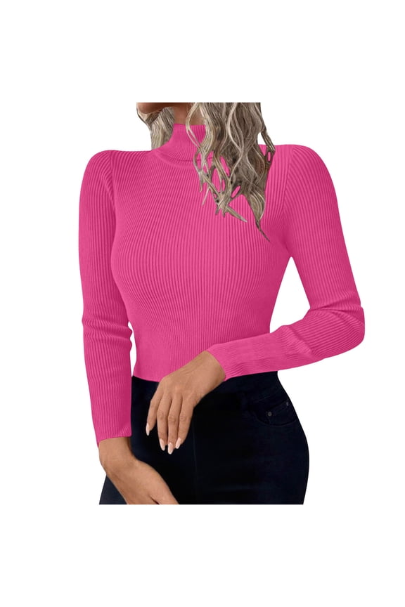 Womens Knitted Ribbed Fall Clothes, Mock Neck Sweaters for Women Fashion Slimming Fit Solid Color Long Sleeve Pullover Basic Tops