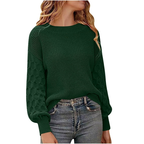 Womens Knitted Ribbed Fall Sweaters, Long Sleeve Pullover for Women Fashion Loose Fit Solid Color Crewneck Sweaters
