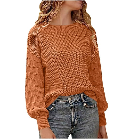 Womens Knitted Ribbed Fall Sweaters, Long Sleeve Pullover for Women Fashion Loose Fit Solid Color Crewneck Sweaters