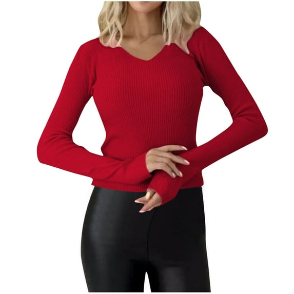 Womens Knitted Ribbed Fall Sweaters, Long Sleeve Pullover for Women Fashion Slimming Fit Solid Color V Neck Sweater Tops