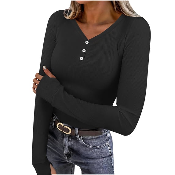 Womens Knitted Ribbed Spring Clothes, Long Sleeve Henley Shirts for Women Casual Slimming Fit Button Up V Neck T-Shirts