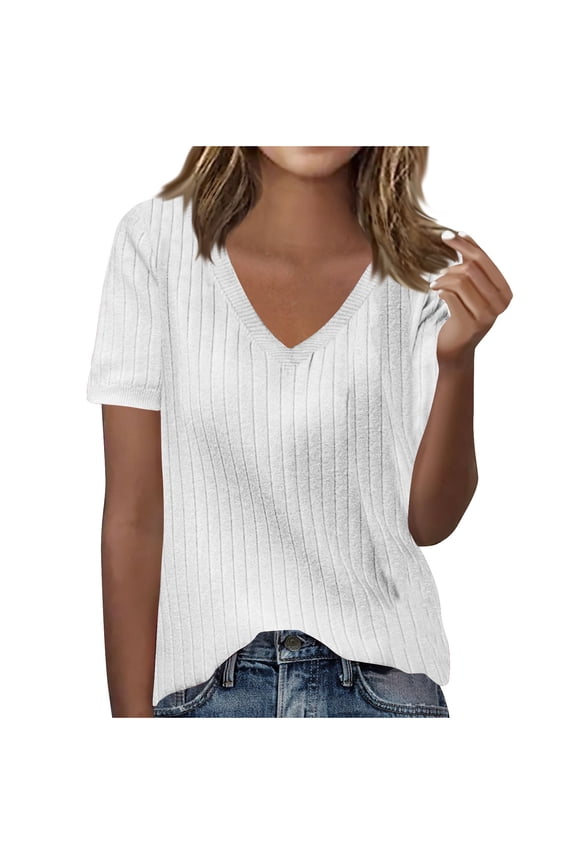 Womens Knitted Ribbed Summer Tops, Short Sleeve Shirts for Women Fall Fashion Loose Fit Solid Color V Neck T-Shirts
