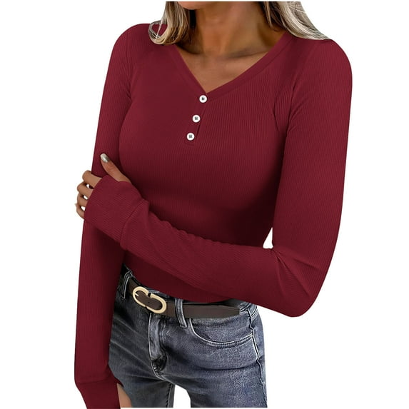 Womens Knitted Ribbed T-Shirts, Long Sleeve Henley Shirts for Women Casual Slimming Fit Button Up V Neck Basic Tops Spring Clothes