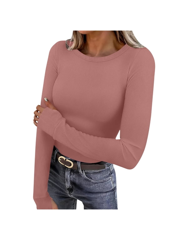 Womens Knitted Ribbed T-Shirts, Long Sleeve Shirts for Women Fall Fashion Slimming Fit Warmth Crewneck Tees