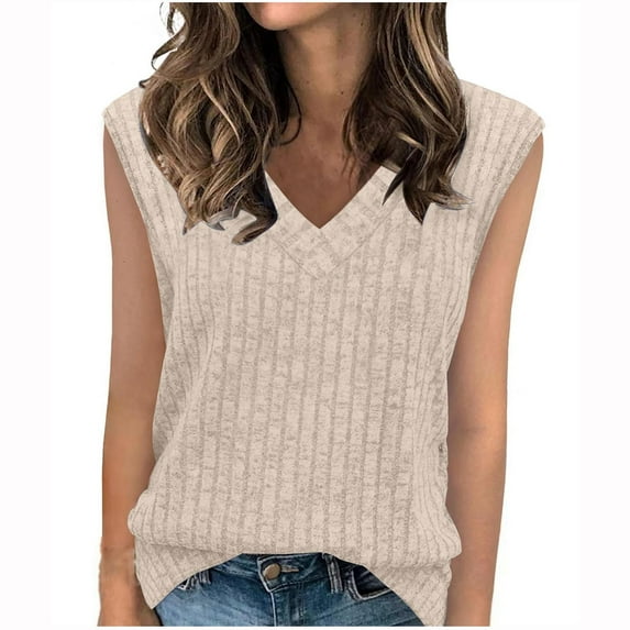 Womens Knitted Ribbed Tank Tops, Sleeveless Pullover for Women Fall Summer Fashion Warm Solid Color V Neck Thin Sweaters