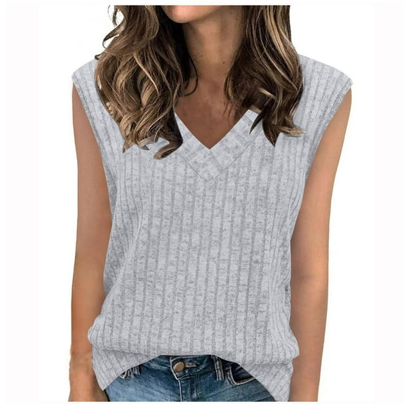 Womens Knitted Ribbed Tank Tops, Sleeveless Pullover for Women Fall Summer Fashion Warm Solid Color V Neck Thin Sweaters