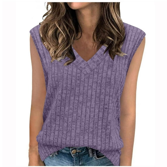 Womens Knitted Ribbed Tank Tops, Sleeveless Pullover for Women Fall Summer Fashion Warm Solid Color V Neck Thin Sweaters