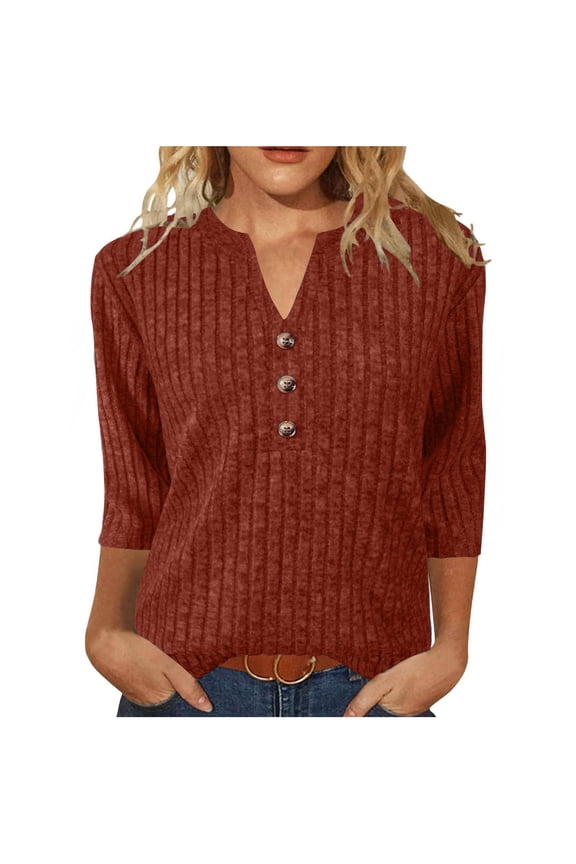 Womens Knitted Ribbed Thin Sweater, Long Sleeve Pullover for Women Fall Fashion Loose Fit Notch V Neck Sweaters with Buttons