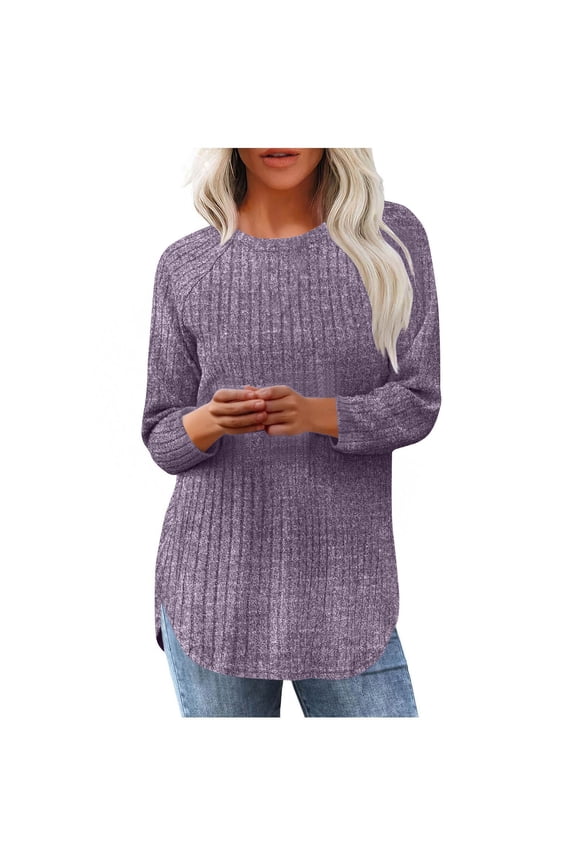 Womens Knitted Ribbed Thin Sweater, Long Sleeve Pullover for Women Fashion Loose Fit Solid Color Side Slit Crewneck Fall Clothes