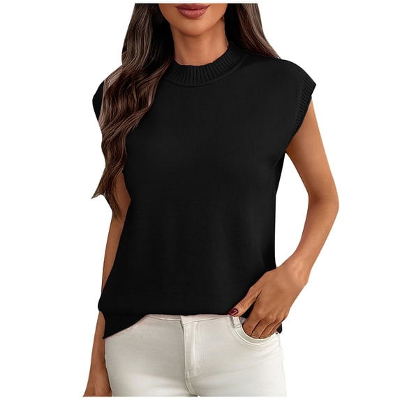 Womens Knitted Summer Tank Tops, High Neck Sweaters for Women Casual Loose Fit Solid Color Cap Short Sleeve Pullover