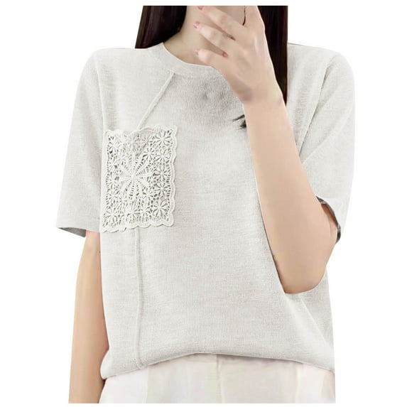 Womens Knitted Summer Tops, Short Sleeve Pullover for Women Fashion Loose Fit Solid Color Lace Patchwork Crewneck Sweaters