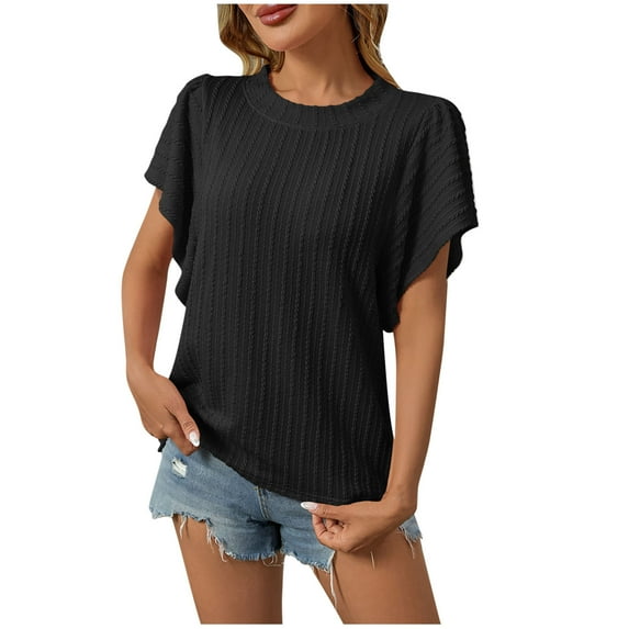 Womens Knitted Summer Tops, Short Sleeve Shirts for Women Fall Fashion Loose Fit Solid Color Ruffle Crewneck Pullover Sweaters